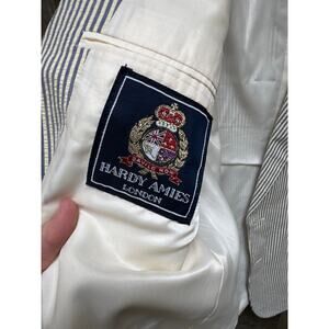 Hardy Amies Vintage Two-Piece Suit 36x30 White w/ Blue Stripes 100% Cotton